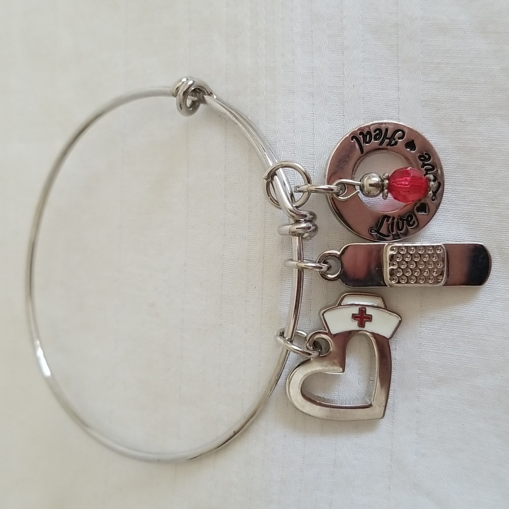 Silver Nurse Live Love Heal Charm Bangle Bracelet